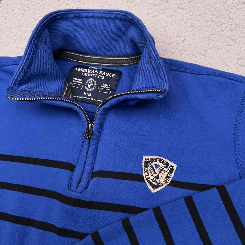 American Eagle‎ 1/4 Zip Sweater Men's Medium Blue Striped Embroidered Crest Y2K